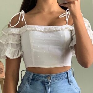 American Eagle Cream Crop Festival Style Ruffle Sleeves Embroidered Polka Dot